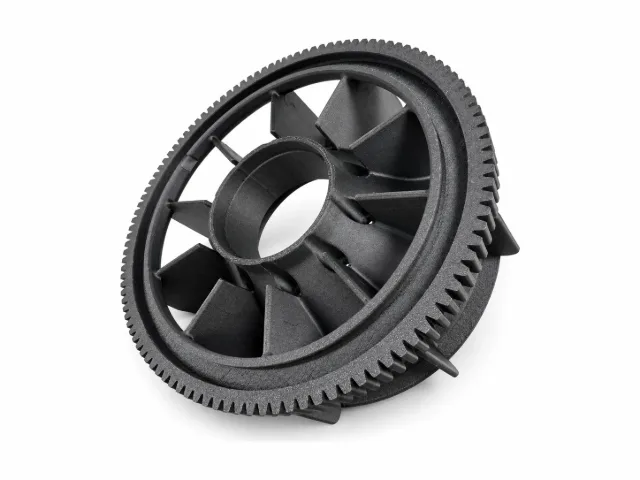 3D printed black fan impeller with a geared outer ring