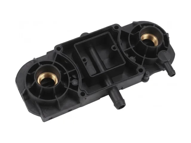 Black plastic part with molded-in brass threaded inserts