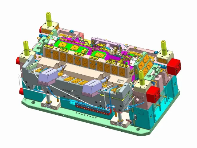 3D mold design model with color-coded plates prepared for DFM review