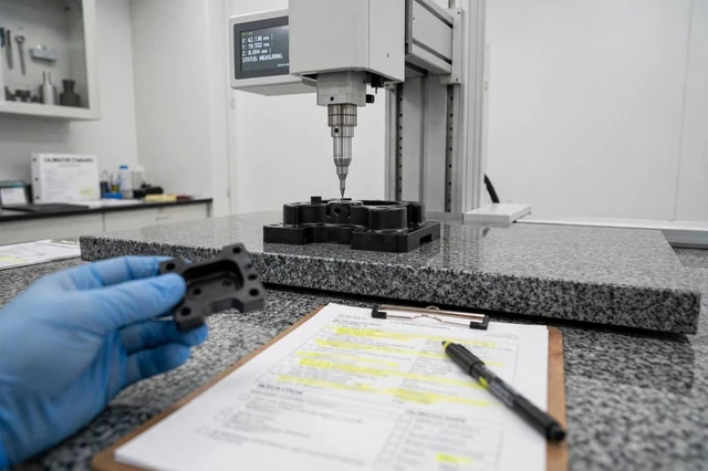A transparent engineered assembly under precise inspection